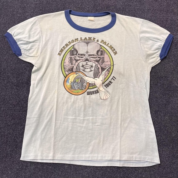 Vintage Emerson Lake Palmer Shirt Mens Medium Ringer Band Works Tour 77 1970s